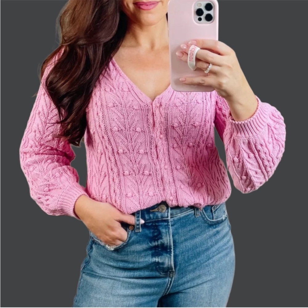 SEZANE Rose Pink Lilac Pom Pom Texture Cableknit Balloon Sleeve Beryl Cardigan - Picture 15 of 15